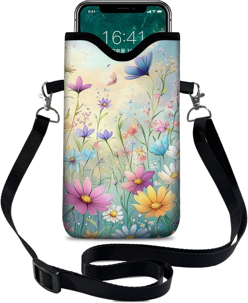 otilil Neoprene Cell Phone Sleeve Pouch Case Bag with Crossbody Strap Neck Lanyard for Women 7.1 X 3.9 in Colorful Flowers - Image 1